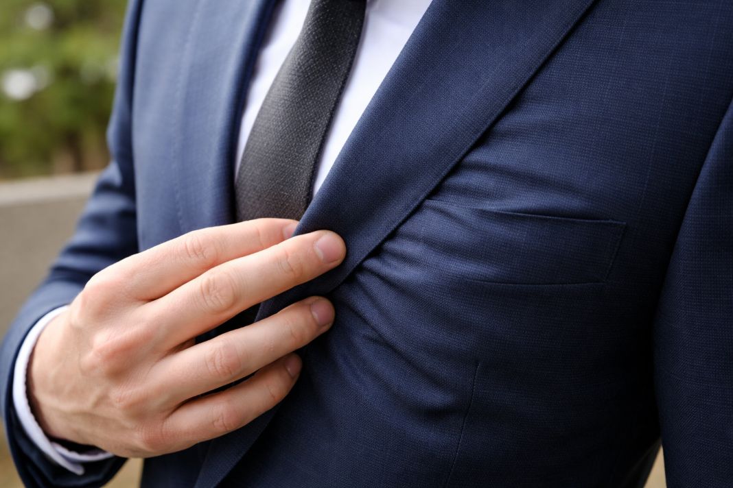 An illustrative photo of bubbling on a suit’s chest panel under natural light, with fingers pressing lightly to highlight the shape