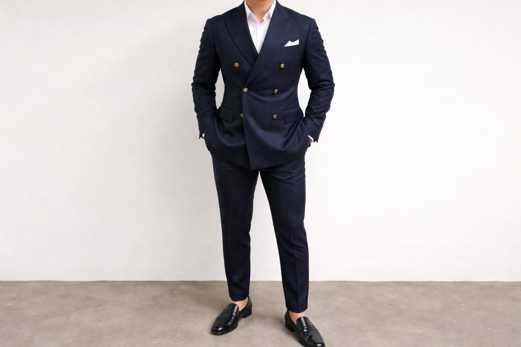 The outfit is Double-breasted navy suit + white shirt + black loafers