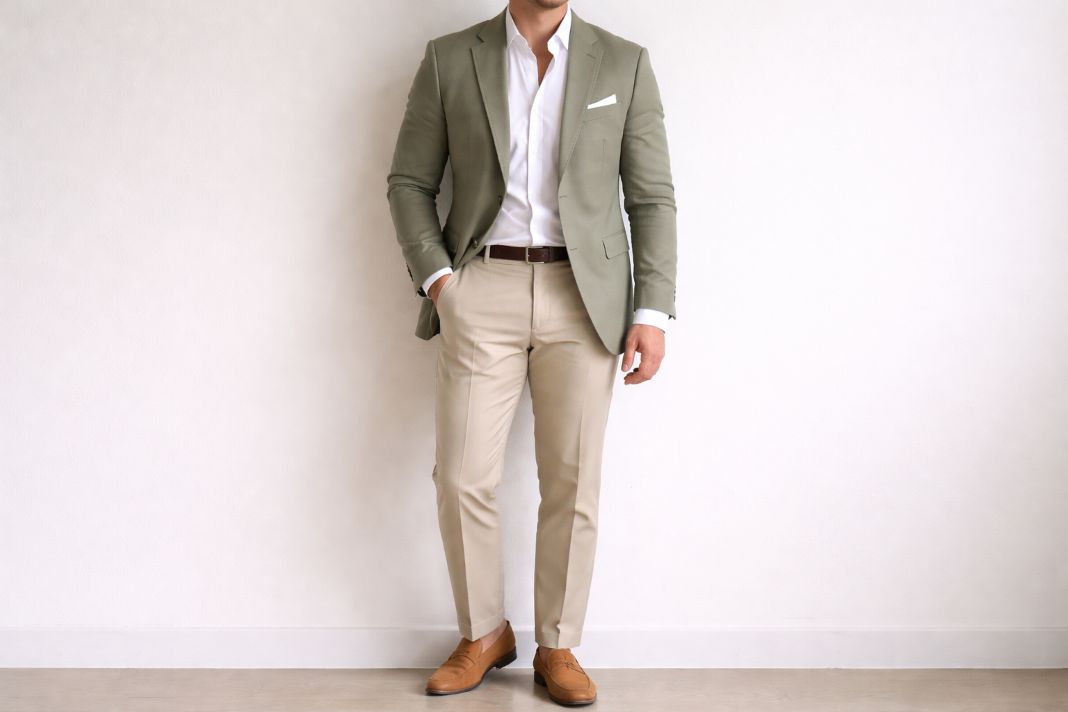 The outfit is Sage cotton blazer + white shirt + beige trousers + tan loafer