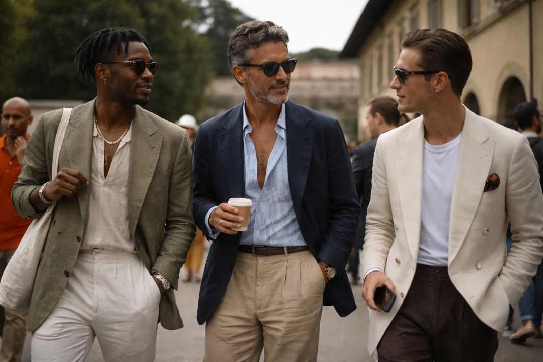 a photo of three gents dressed pitti uomo street style