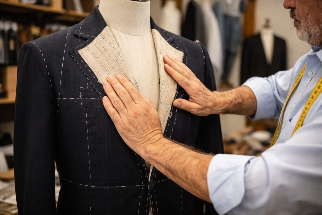 an illustrative photo of a tailor conducting a canvas test using hand pressure over a jacket front on a mannequin