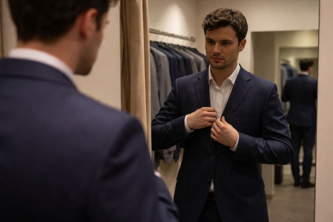 an illustrative photo of someone inspecting the lapel of a suit in a fitting room mirror