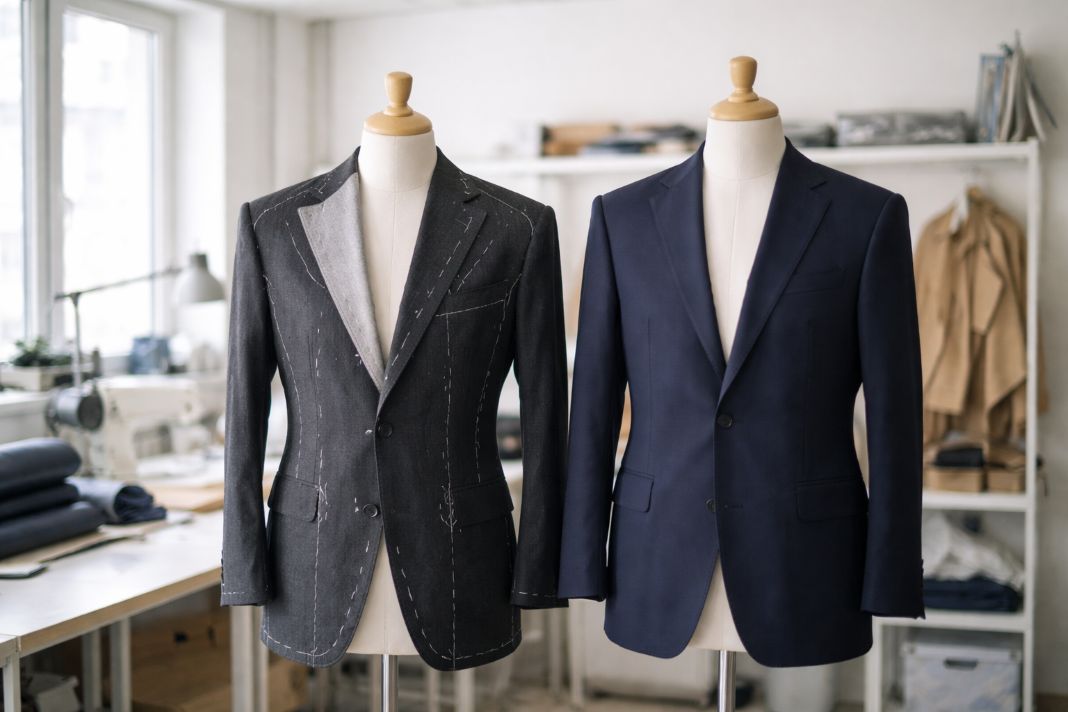 an illustrative photo of two suit jackets on mannequins, one clearly hand-stitched and the other machine-made