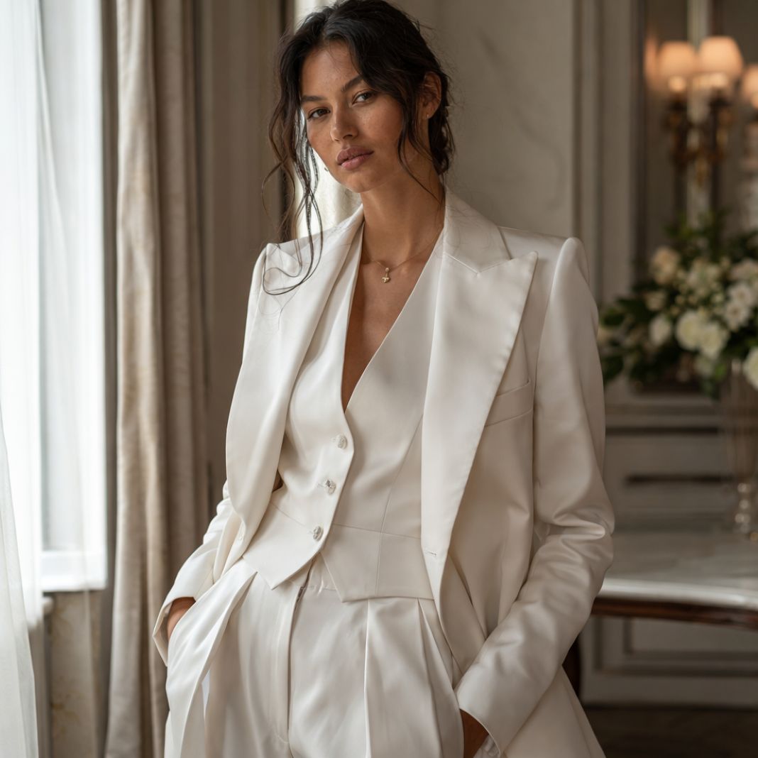 An illustrative image of a ivory three-piece bridal suit with a tailored waistcoat, blazer, and wide-leg trousers