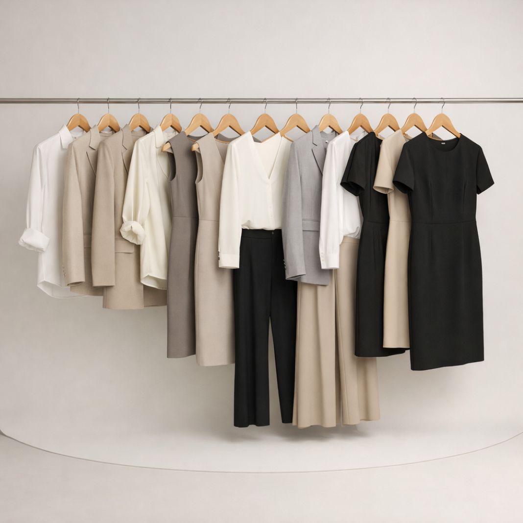 An illustrative image of bespoke women’s workwear hanging neatly on elegant wooden hangers in a professional photography studio