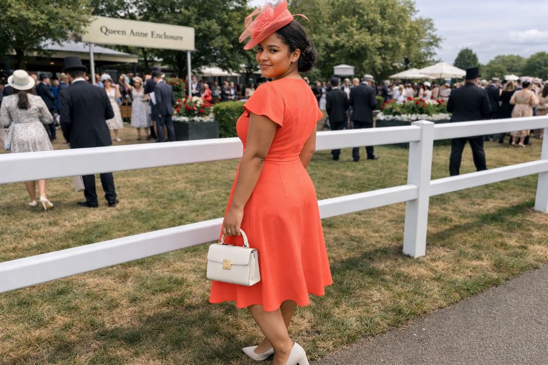 An illustrative image of a Queen Anne Enclosure women’s outfit for Royal Ascot