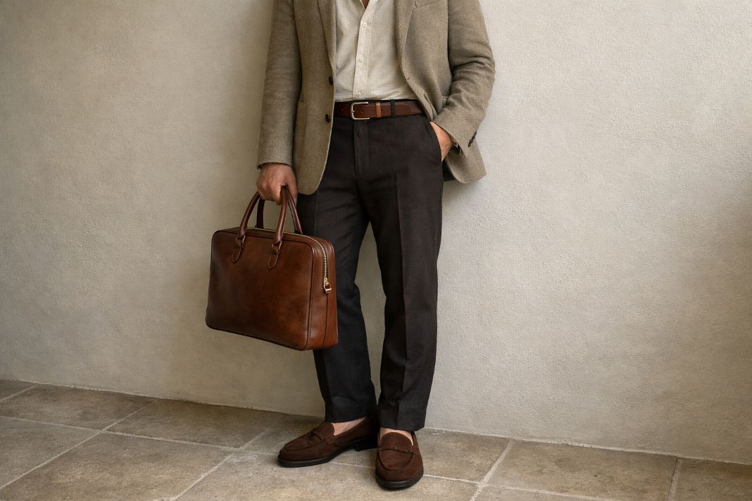An illustrative image of a refined casual tailoring with visible leather goods
