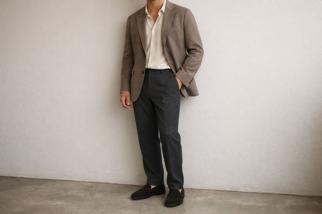 An illustrative image of a tailored taupe blazer, open-collar cream shirt, charcoal tailored trousers