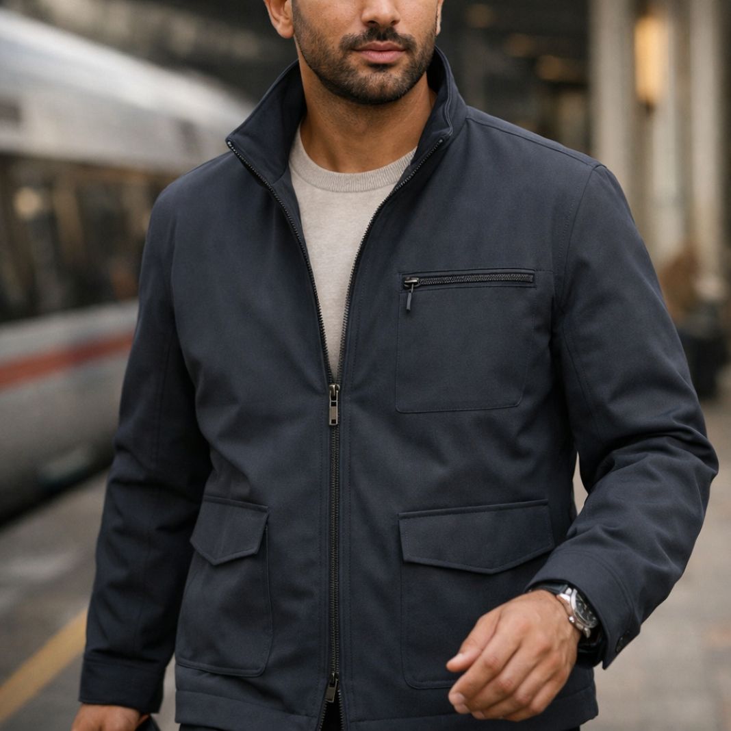 Bespoke travel jacket in a matte performance fabric, sample image