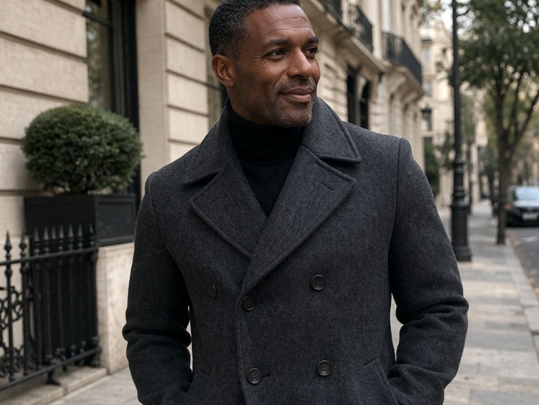Charcoal wool peacoat worn with a roll neck, sample image