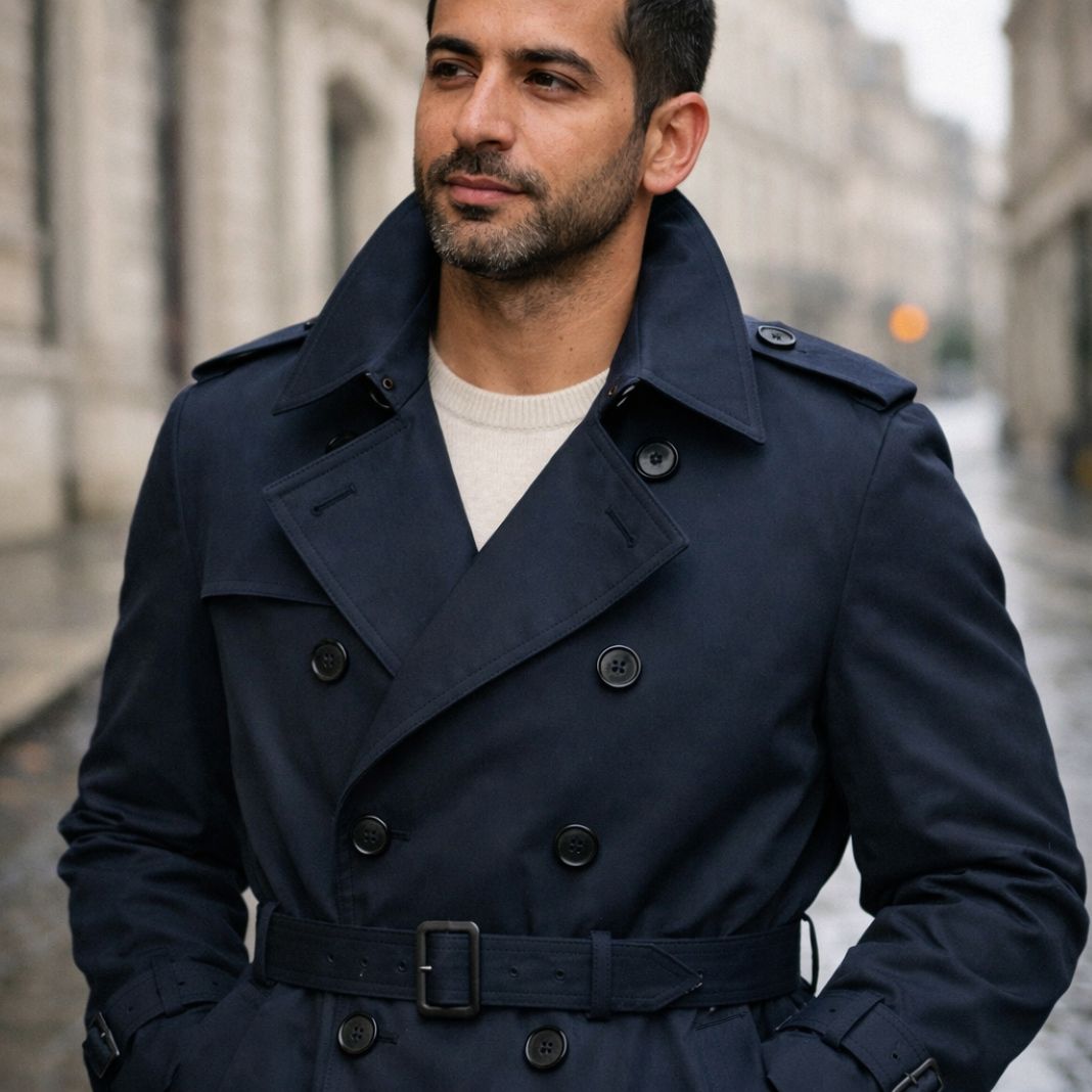 Classic trench coat in deep navy, sample image