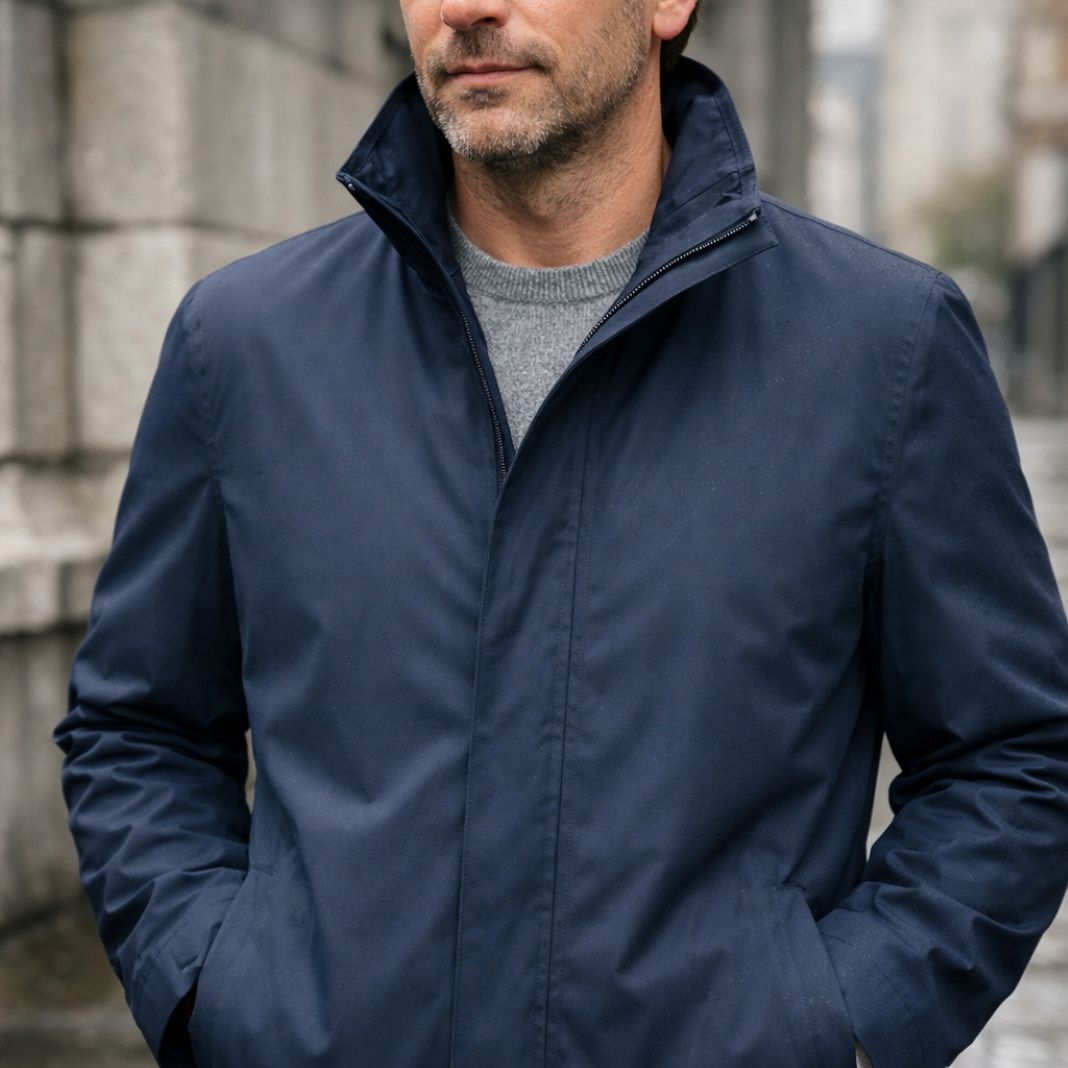 Navy raincoat in a matte technical fabric, sample image