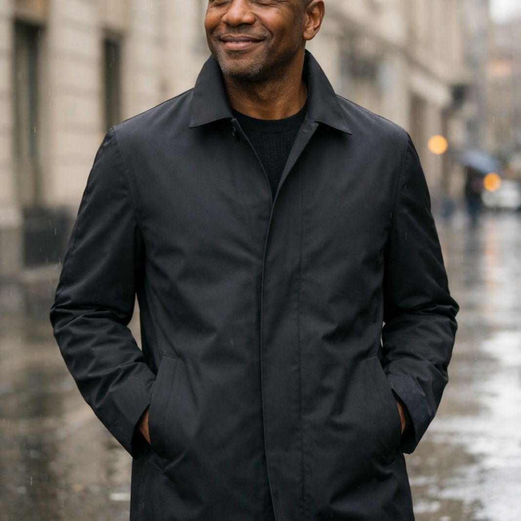 Tailored black raincoat, sample image