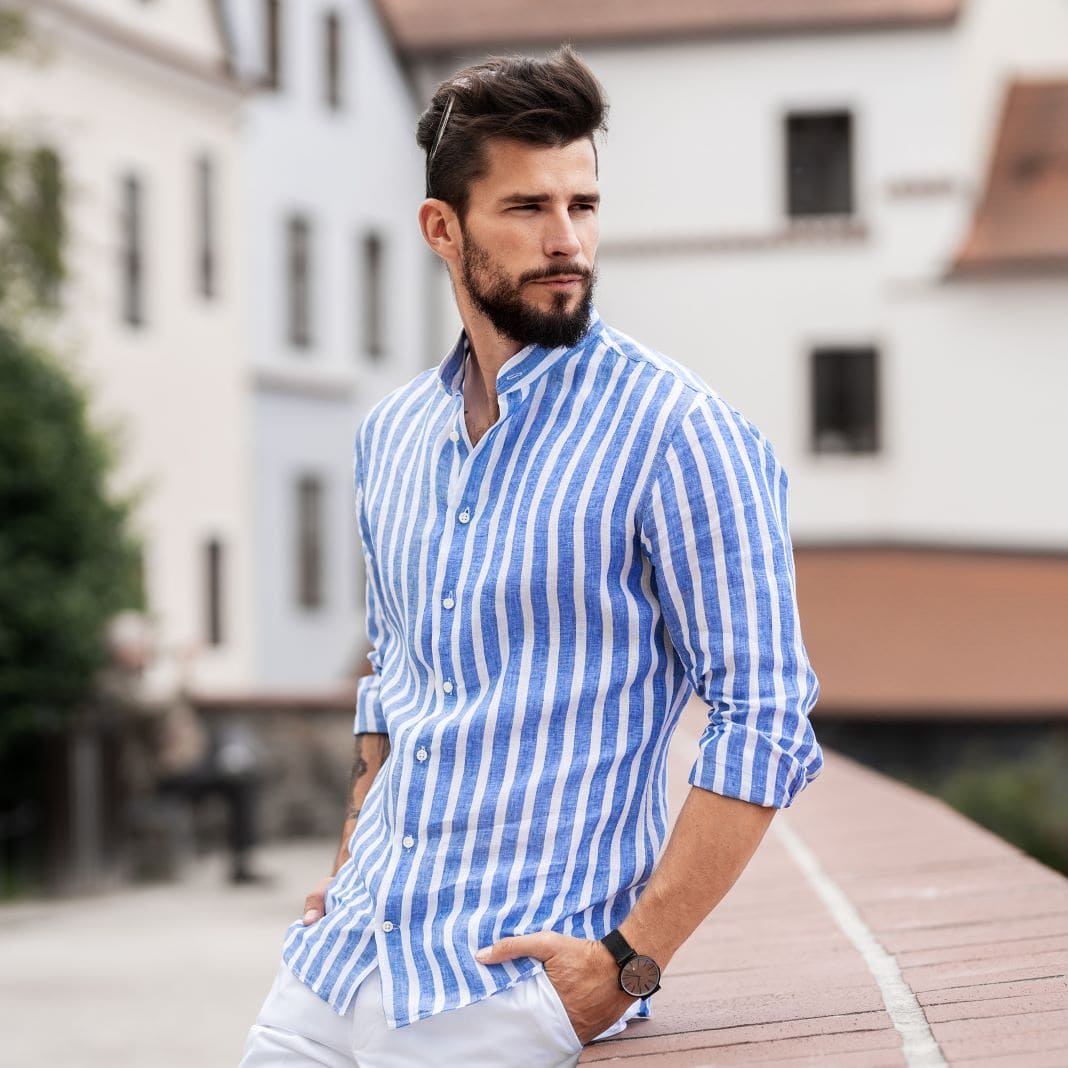 Blue and white striped button-down shirt