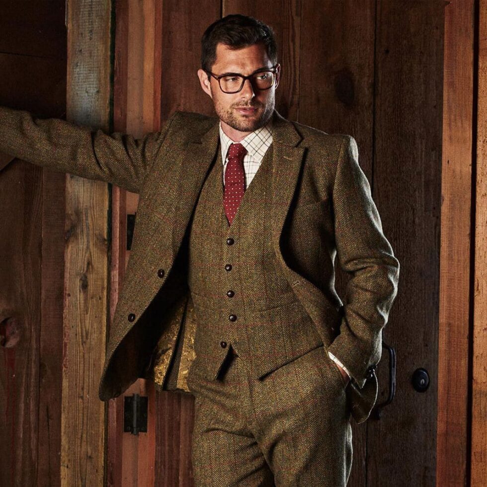 Brown tweed three-piece suit with a matching waistcoat, sample image