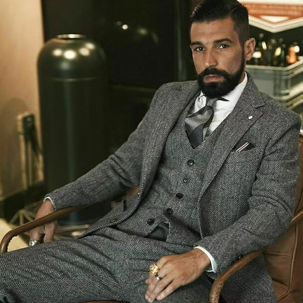 Grey tweed three-piece suit, sample image