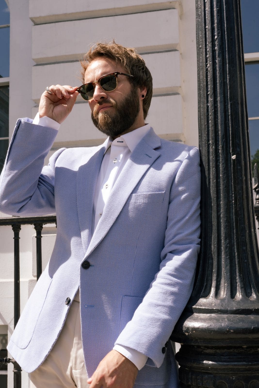 Light blue tailored jacket worn with a white shirt