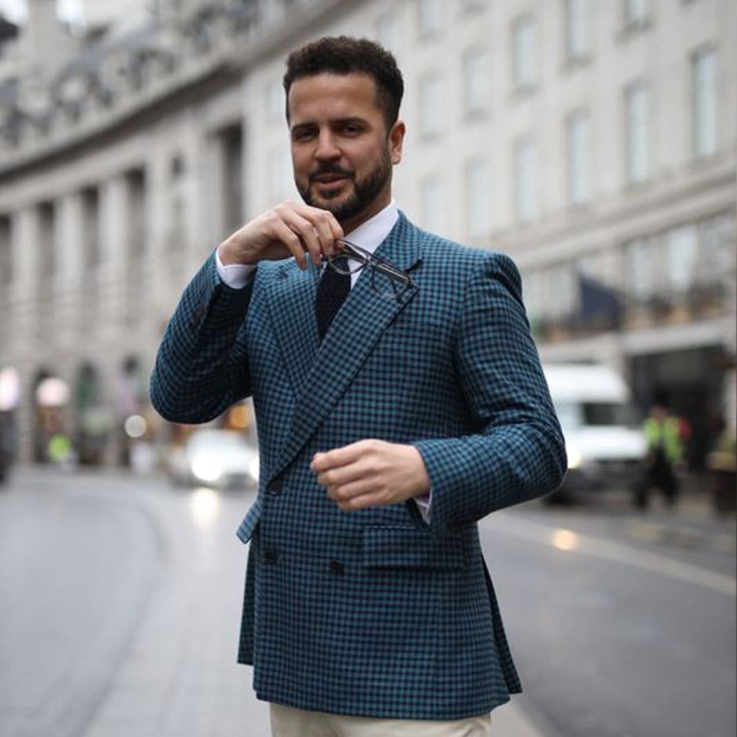 Textured blue double-breasted blazer