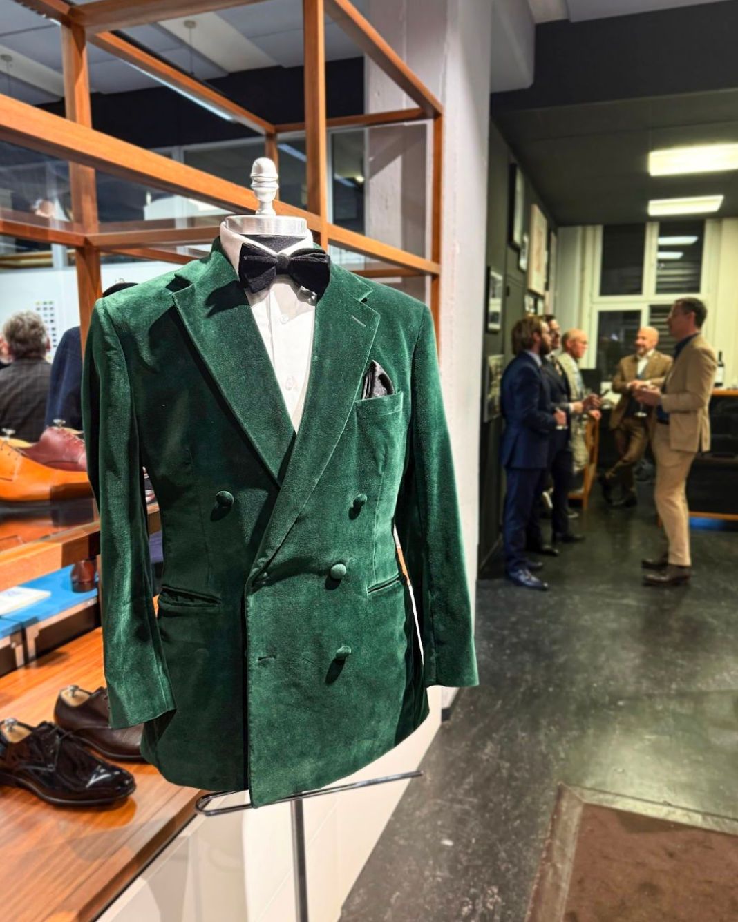 a photo of a gorgeous bespoke green velvet dinner jacket