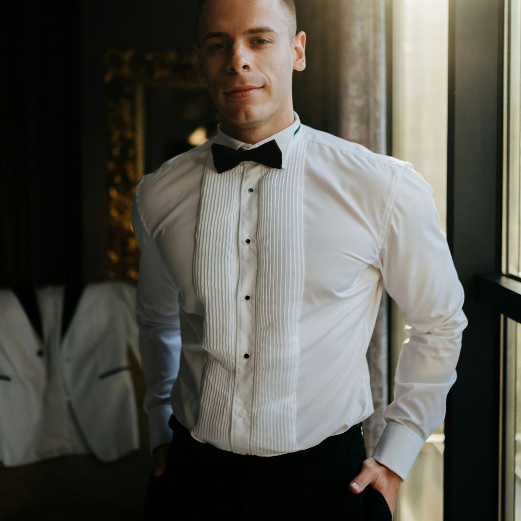 a photo of a man wearing a wedding shirt - evening shirt