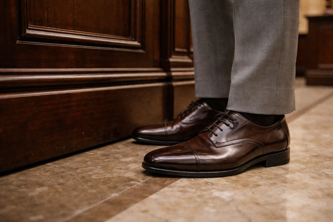 An illustrative photo of a well-polished pair of oxford shoes with a clean trouser hem beside a courtroom bench