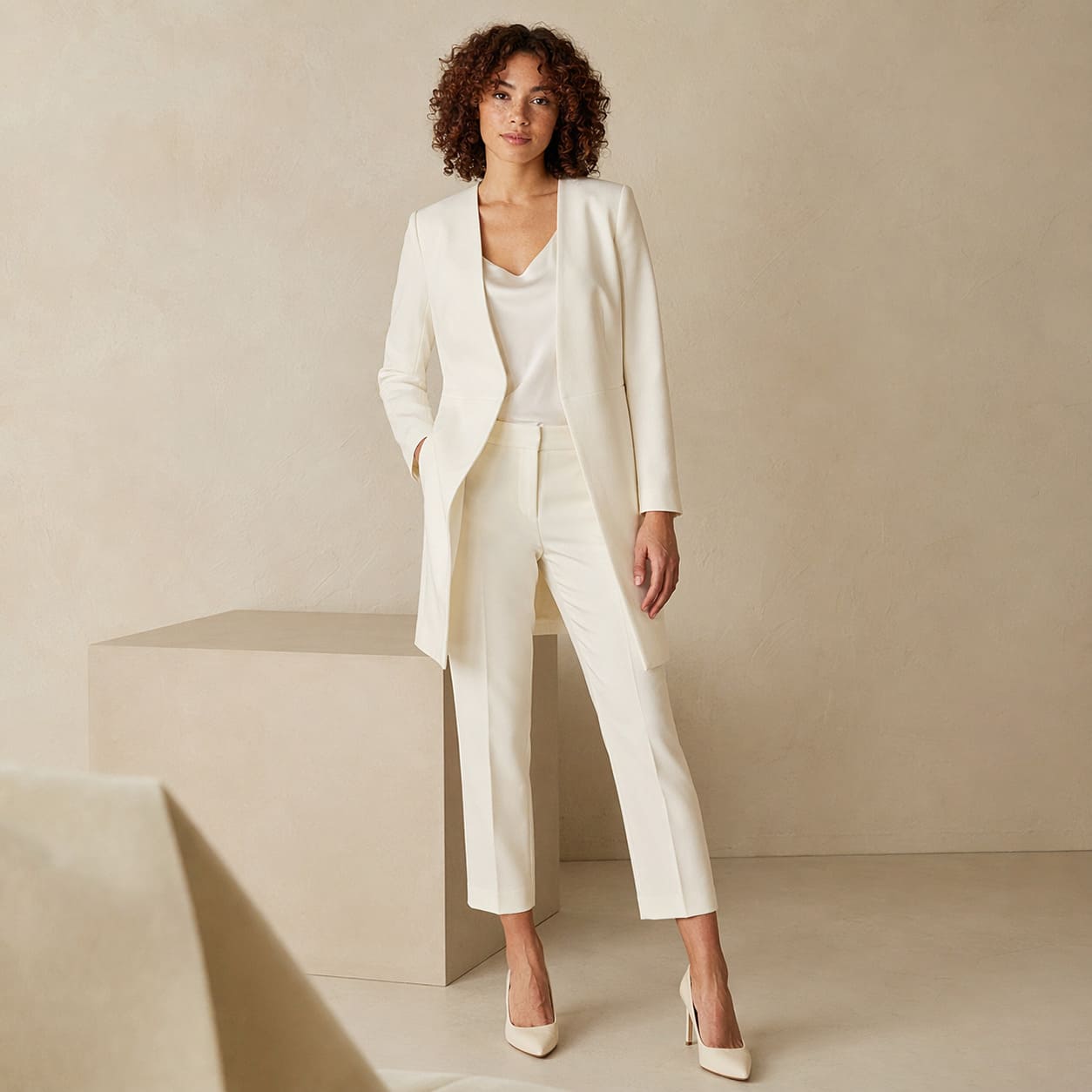 Bridal Suit – White tailored blazer with cropped straight-leg trousers - Sample Image