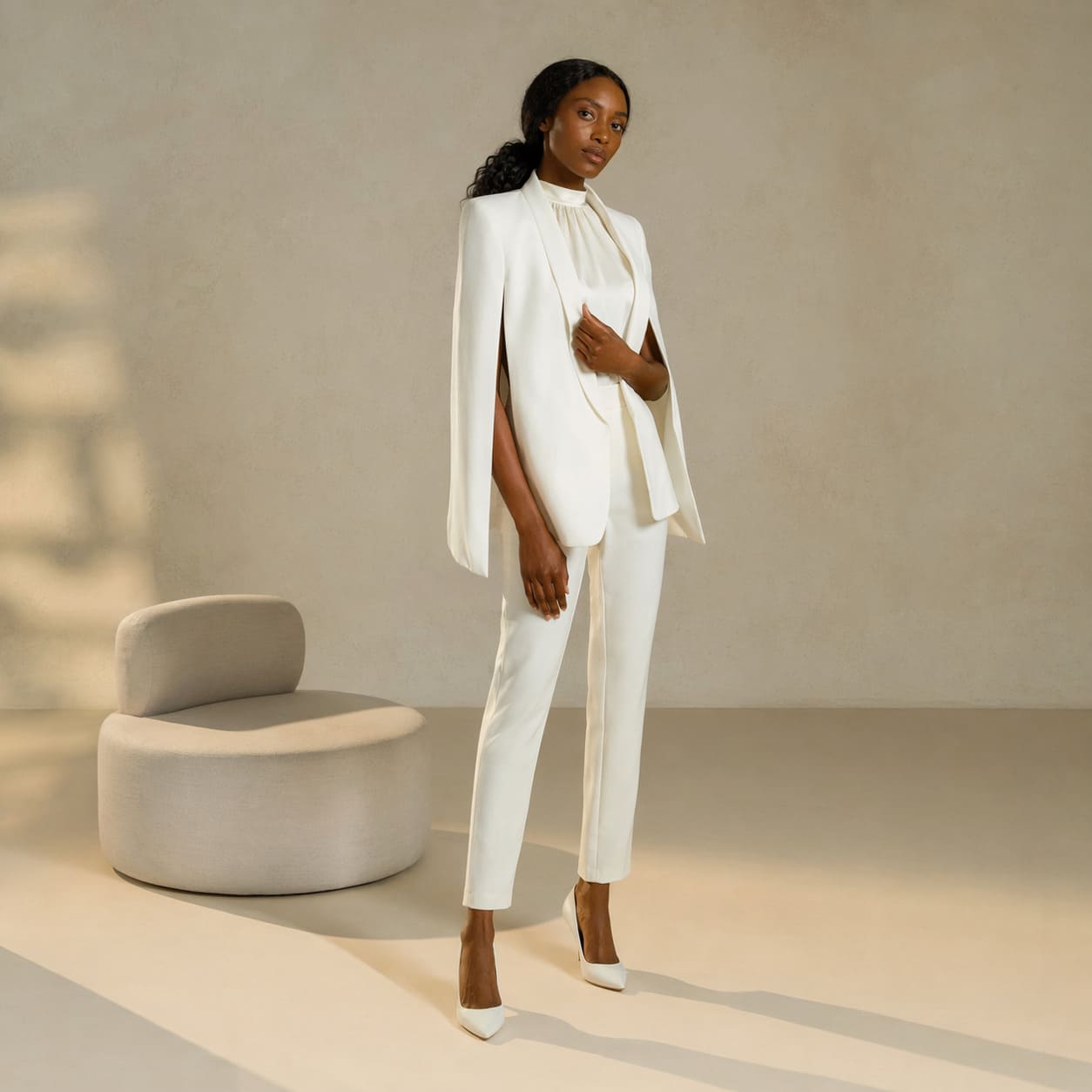 White tailored blazer with slim-fit trousers