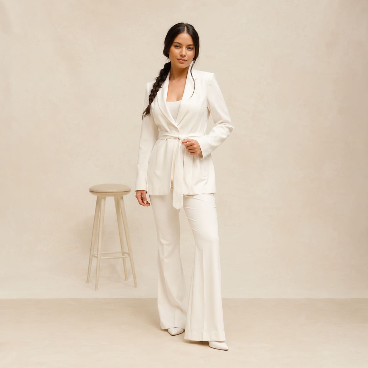 White tailored blazer with wide-leg trousers