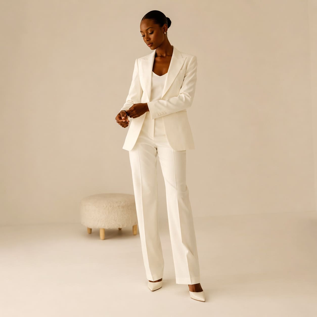 White tailored blazer with wide-leg white trousers