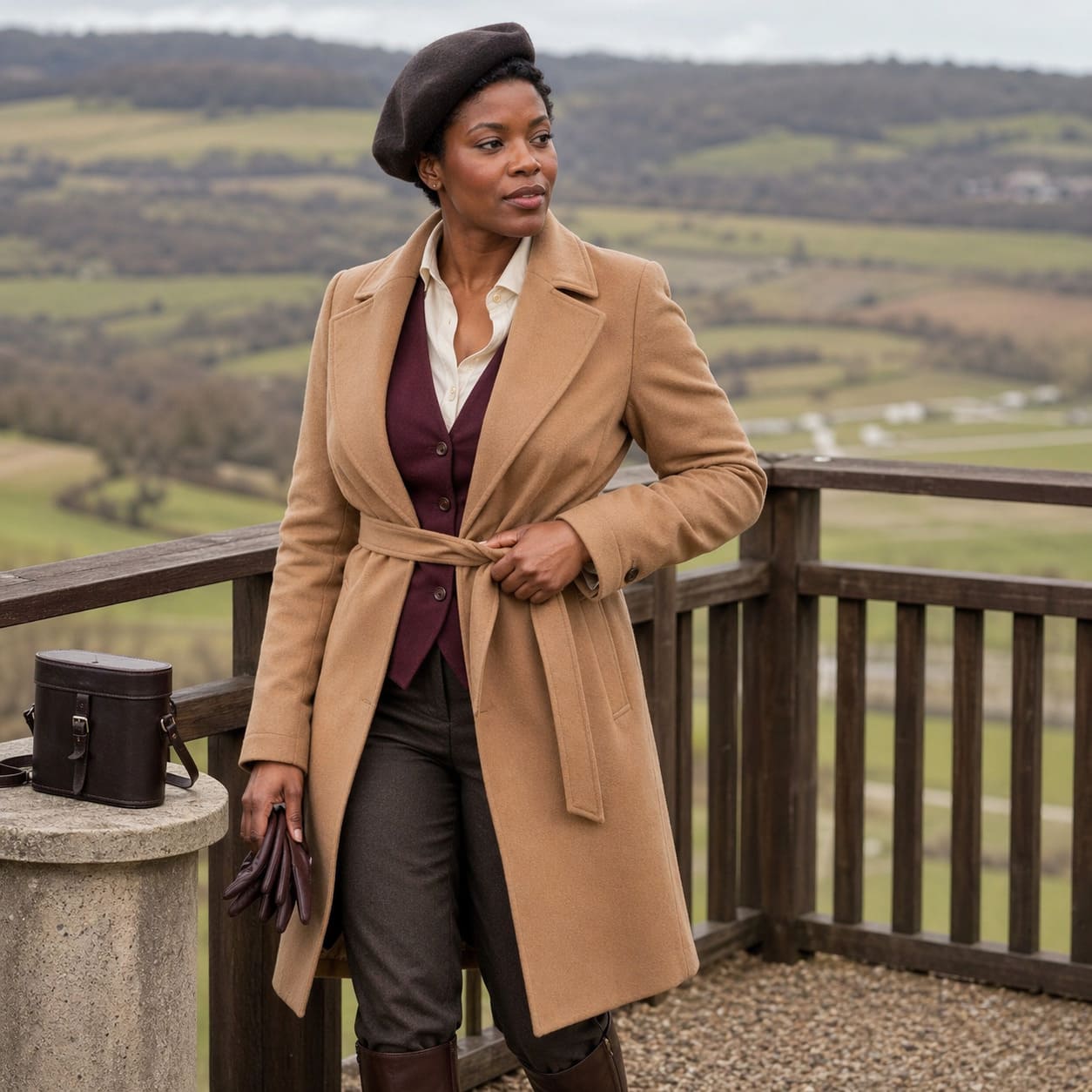 Camel coat worn over a tailored outfit