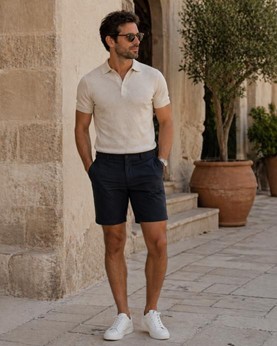 Men’s Beige Polo Shirt with Navy Shorts – Smart Casual Summer Outfit