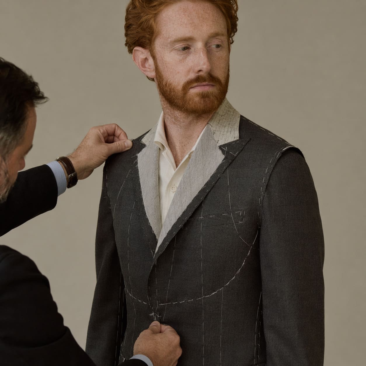 Men's Bespoke – Grey waistcoat with white shirt and tailoring adjustment - Sample Image