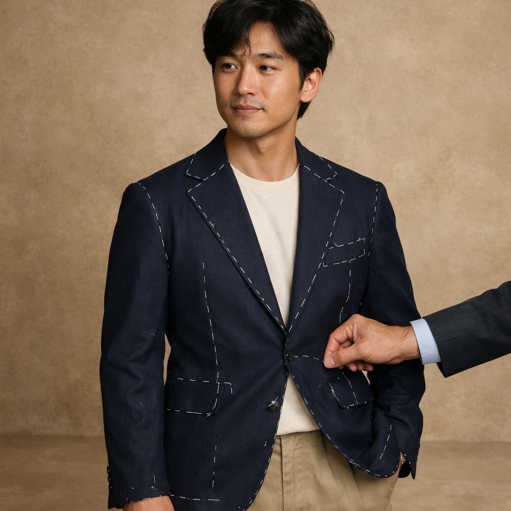 Men's Bespoke – Navy blazer with visible tailoring stitch detail – Sample Image