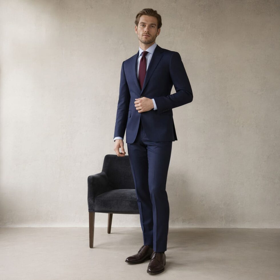 Navy tailored suit with white shirt and tie, sample image