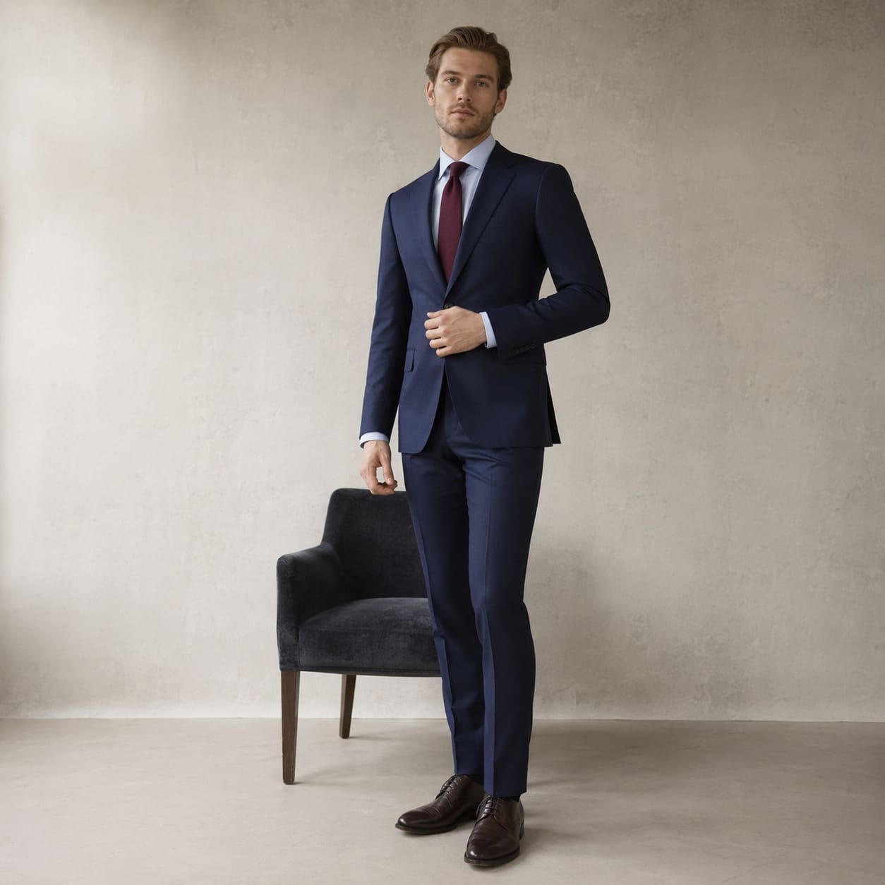Men's Bespoke – Navy tailored suit with white shirt and tie - Sample Image