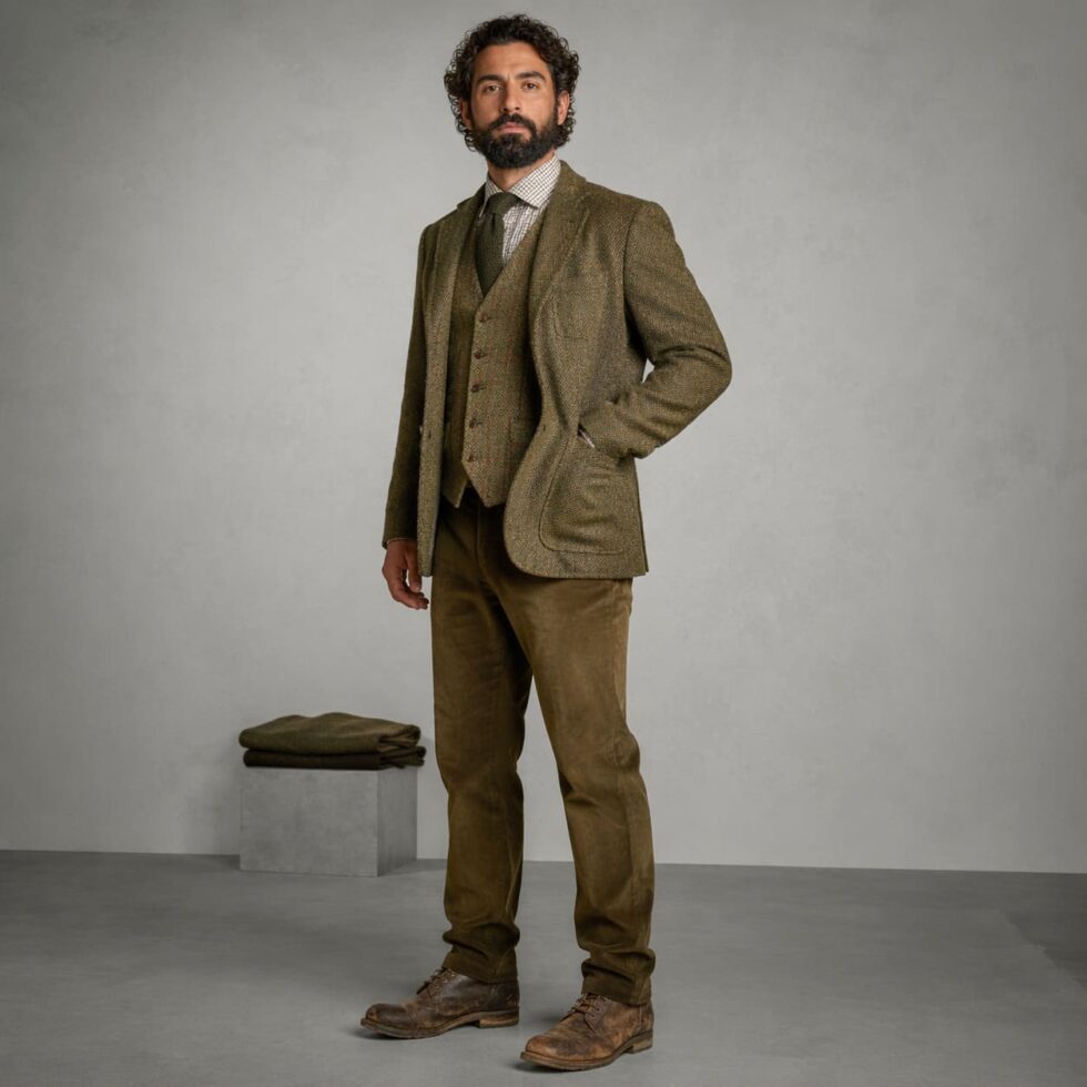 Brown tweed three-piece suit with waistcoat, sample image