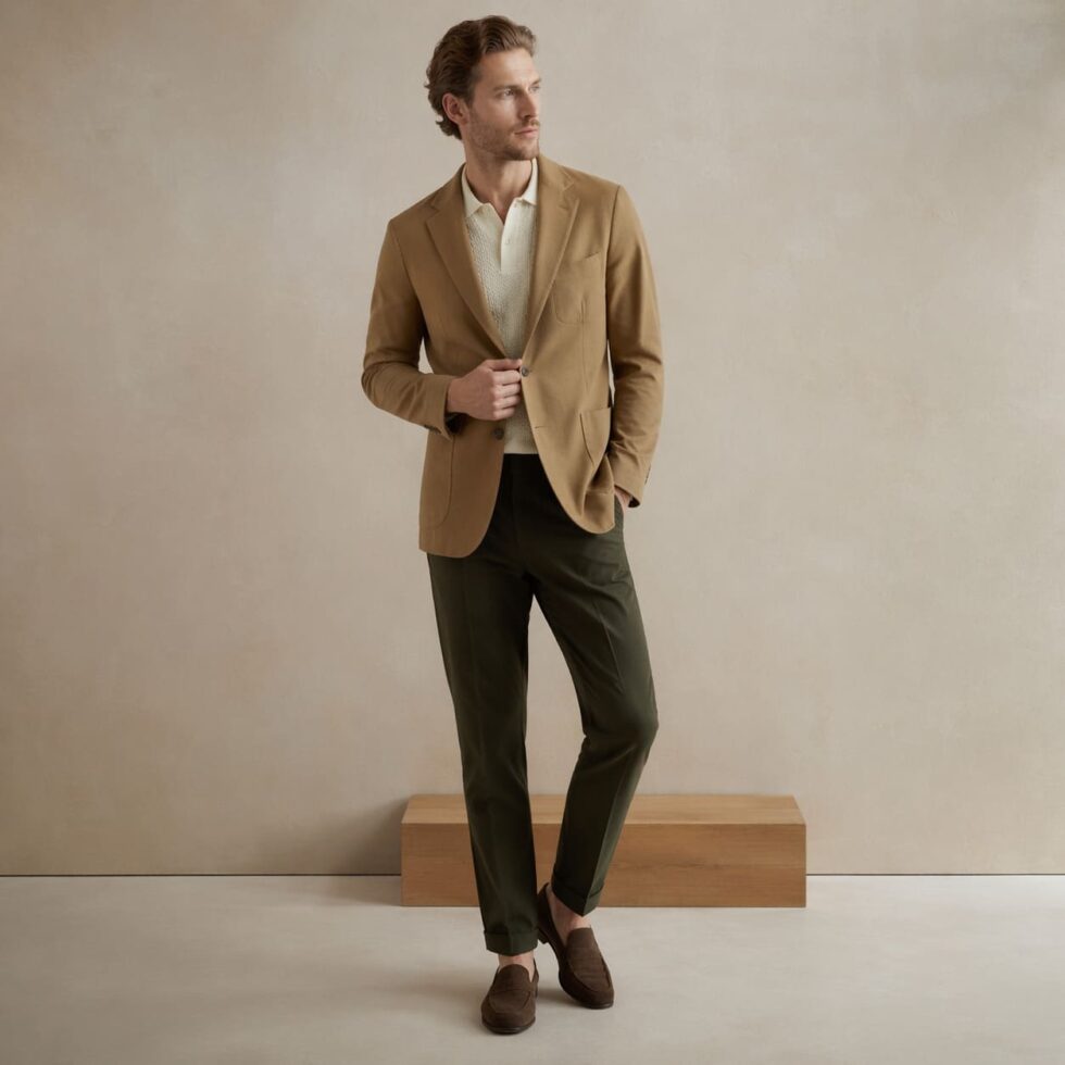 Tan blazer with green trousers, sample image