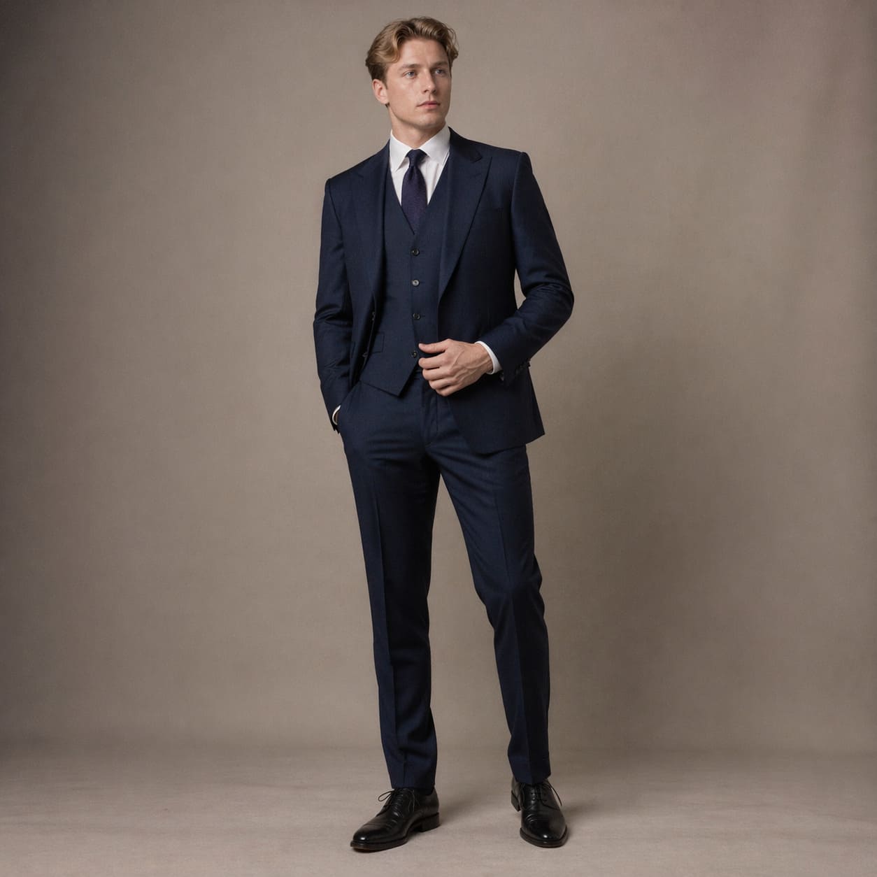 Men's Business Attire – Navy tailored suit with white shirt - Sample Image