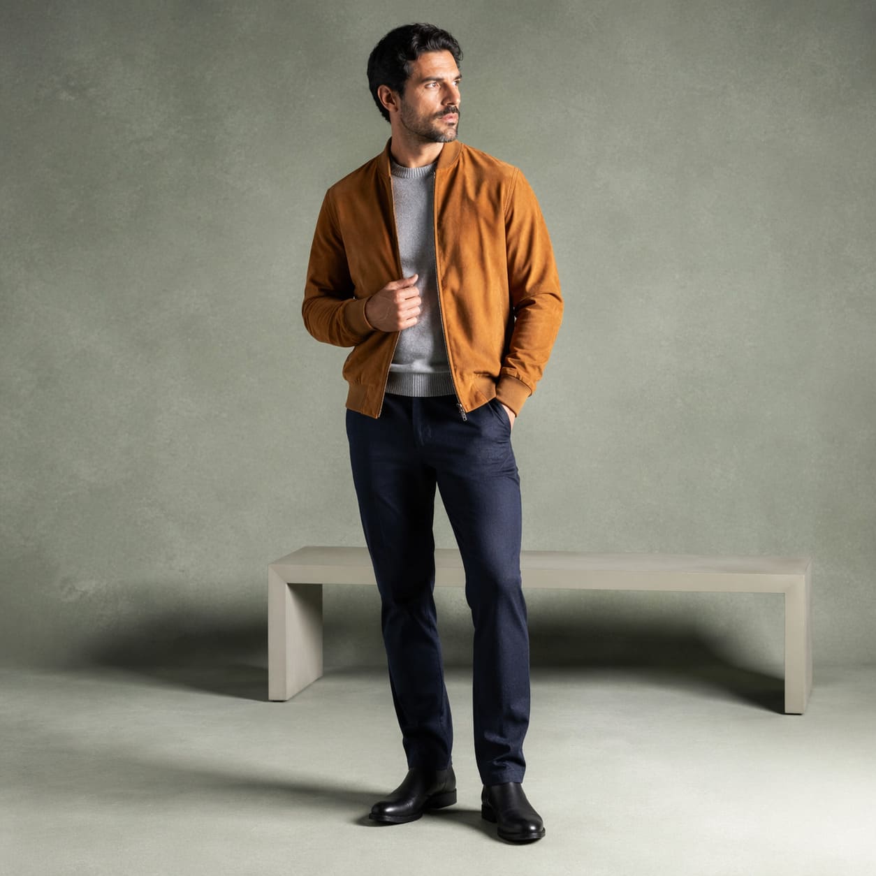 Men's Casual Elegance – Tan jacket with navy slim fit trousers – Sample Image