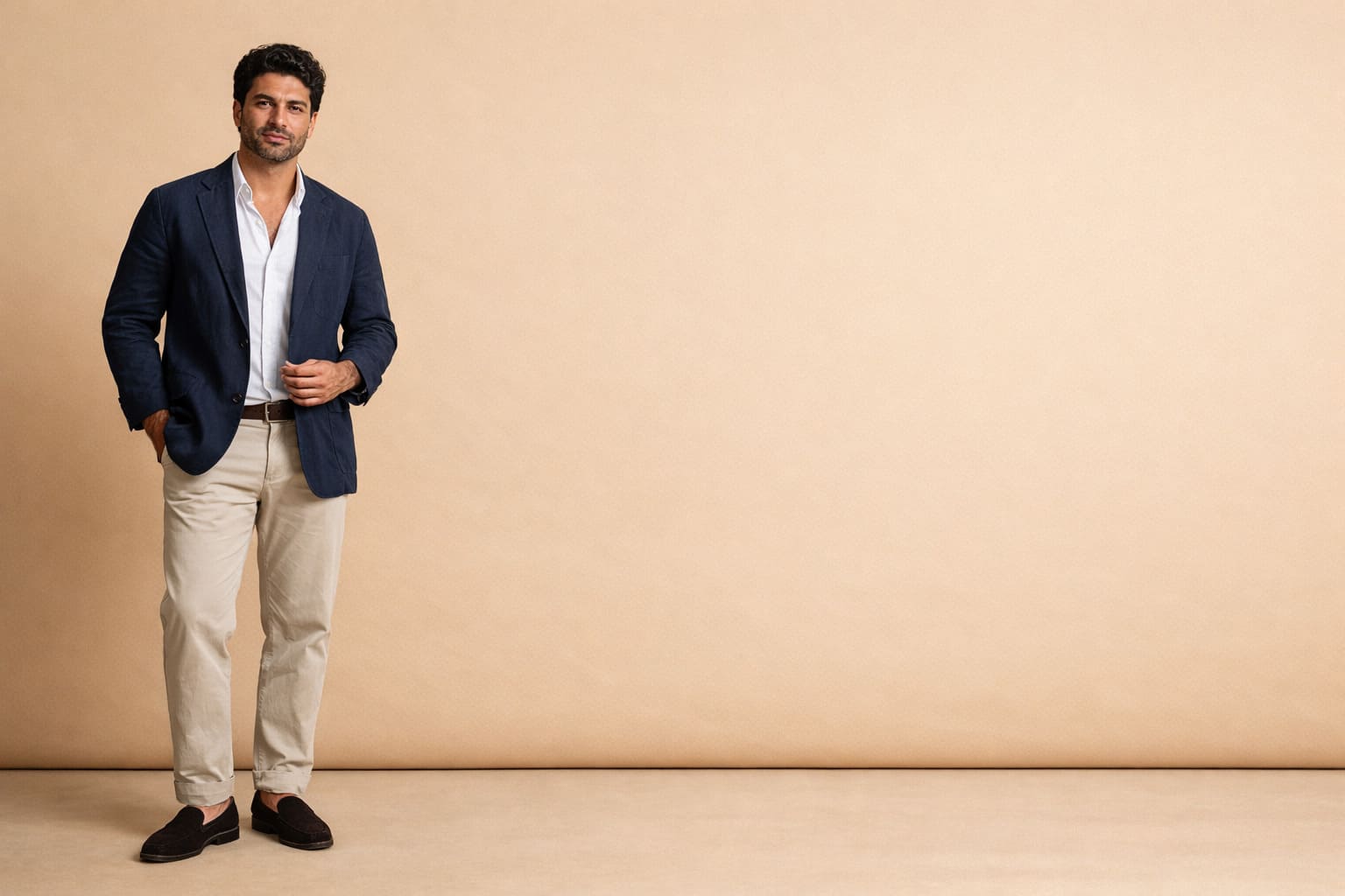 Men's Casual Wear – Navy blazer with beige trousers – Sample Image