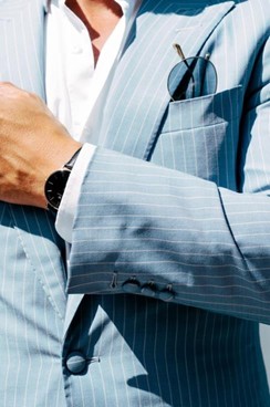 Men’s Light Blue Pinstripe Suit Detail – Tailored Jacket and Accessories Close-Up