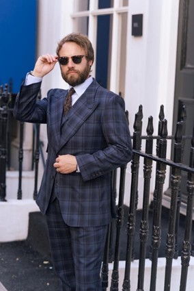 Men’s Navy Check Suit with Sunglasses – Modern Smart Tailoring Look