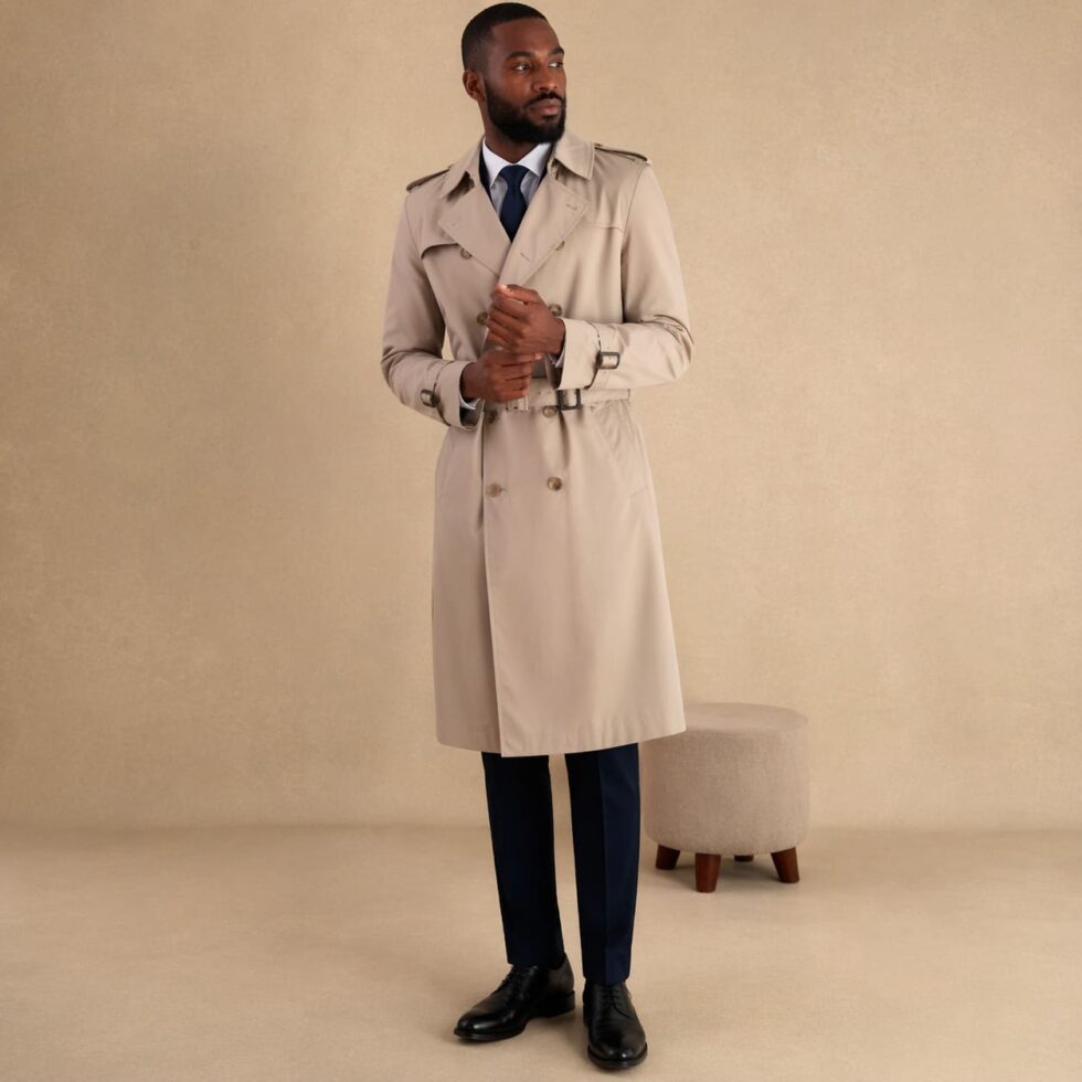 Beige trench coat with formal tailored styling, sample image