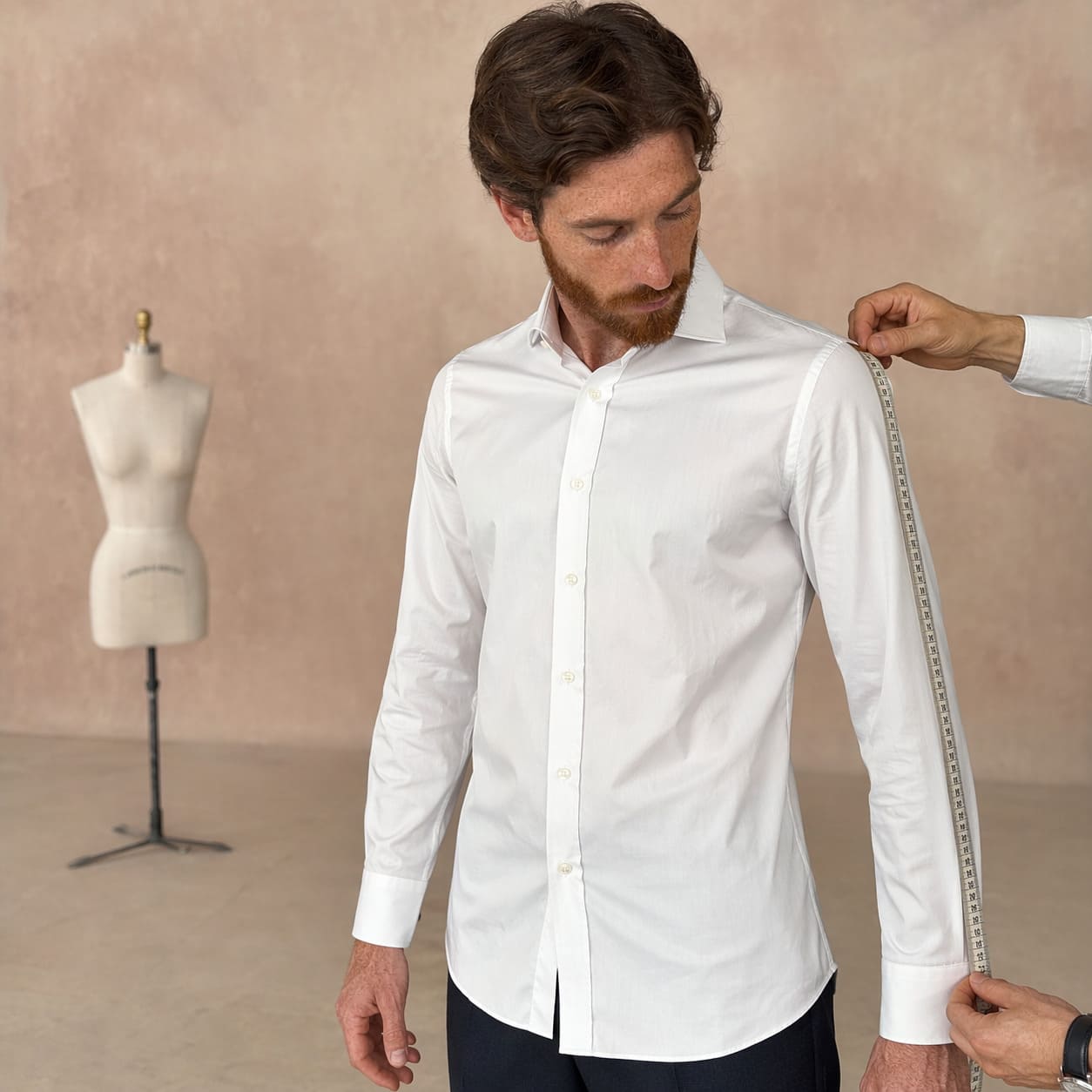 Men's Shirts – White button-up shirt with tailoring measurement detail - Sample Image