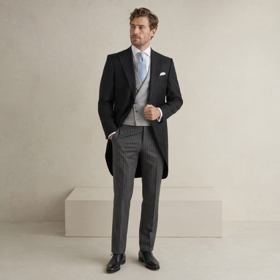 Black morning coat with grey trousers and waistcoat, sample image