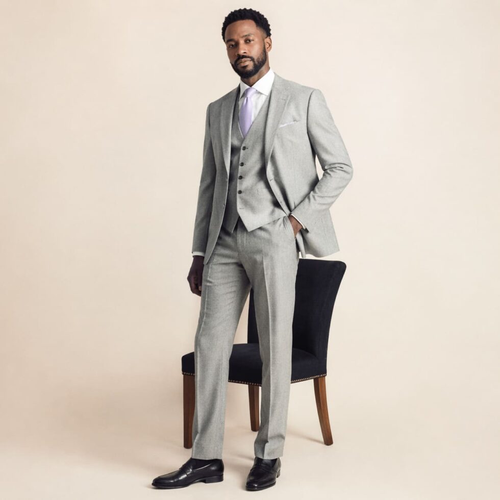 Light grey tailored suit with waistcoat and tie, sample image