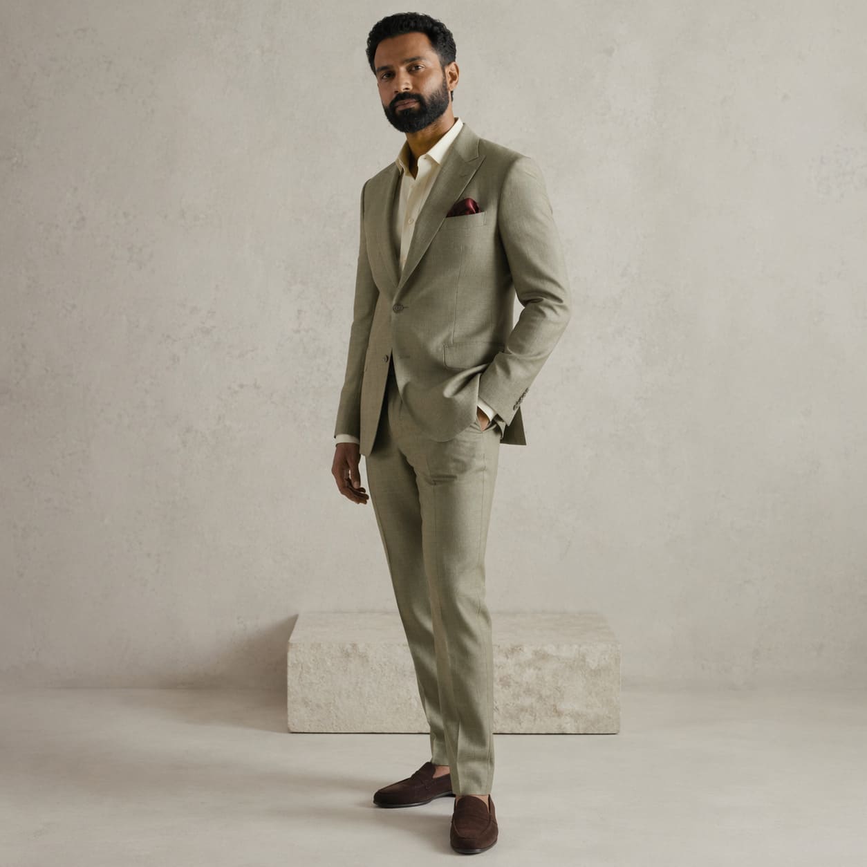 Menswear for Goodwood – Light green tailored suit with white shirt – Sample Image Menswear for Goodwood – Light green tailored suit with white shirt – Sample Image