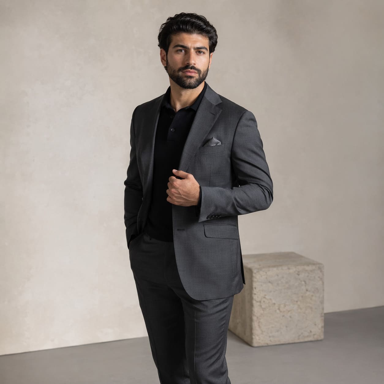 Menswear for Grand Prix – Charcoal tailored suit with black shirt – Sample Image Menswear for Grand Prix – Charcoal tailored suit with black shirt – Sample Image
