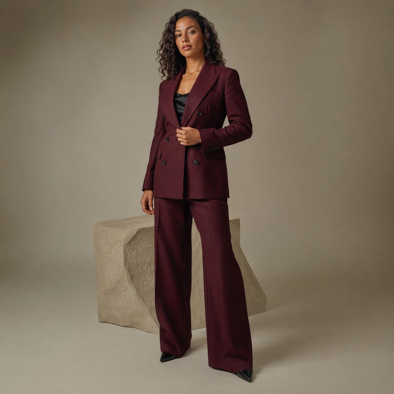 Women's Clothing For Awards, Work Events and Corporate Functions – Burgundy tailored blazer with wide-leg trousers - Sample Image