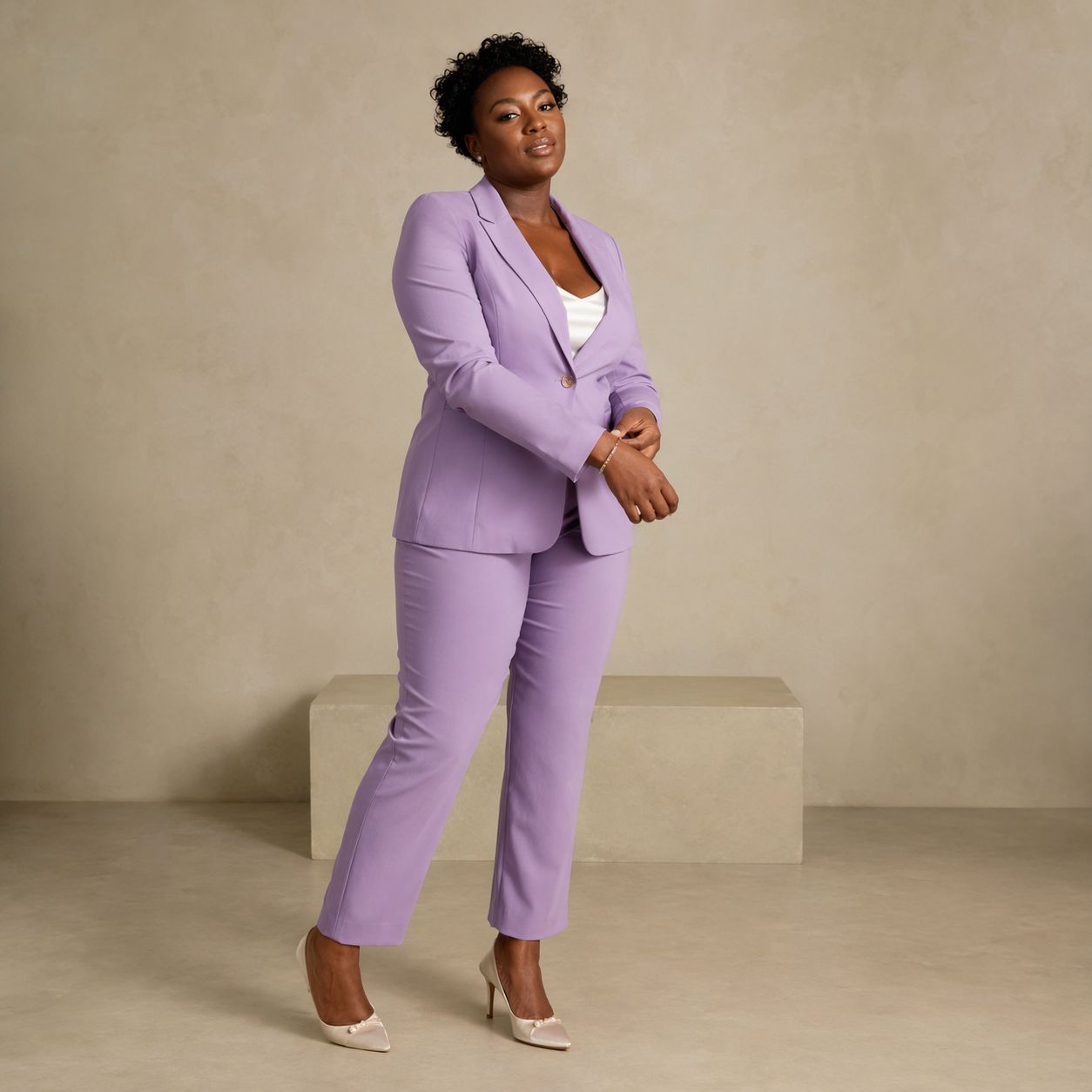 Lilac tailored blazer worn with slim-fit trousers